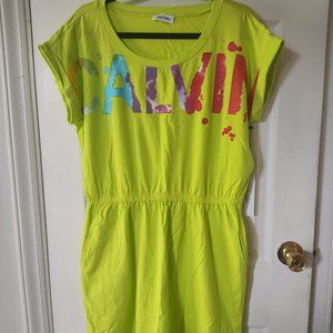 Calvin Klein Women Dress Logo Short Sleeve Elastic Waist Size Large Green